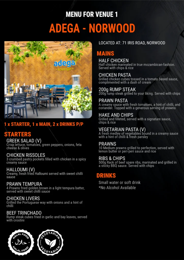 Menu for a memorable team building lunch experience at the beautiful Adega in Norwood, Johannesburg.