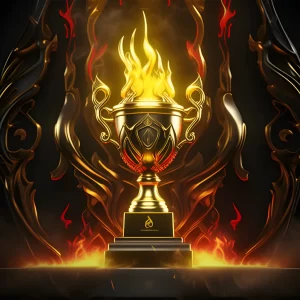 A detailed gold trophy with colorful flames rising from the cup used as a 1st Place trophy image for our Teamoting League