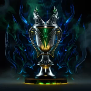 A detailed silver trophy with colorful flames rising from the cup used as a 2nd Place trophy image for our Teamoting League