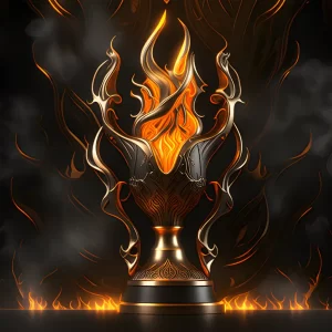 A detailed bronze trophy with colorful flames rising from the cup used as a 3rd Place trophy image for our Teamoting League