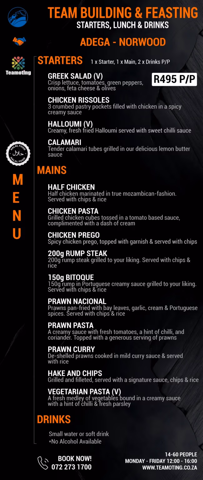 Menu for a memorable team building lunch experience at the beautiful Adega in Norwood, Johannesburg.