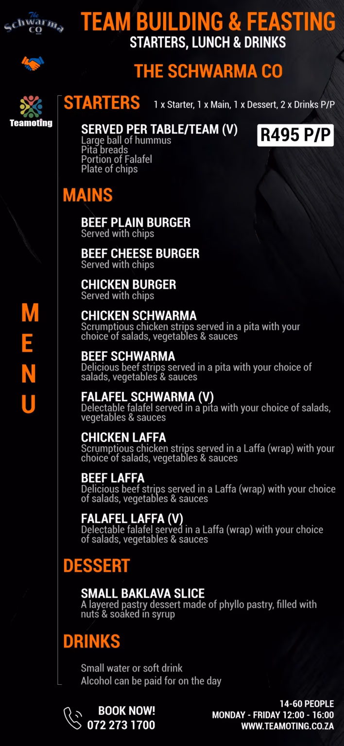 Exclusive all-in-one team building menu from The Schwarma Co., offering great value for groups in Norwood, Johannesburg.