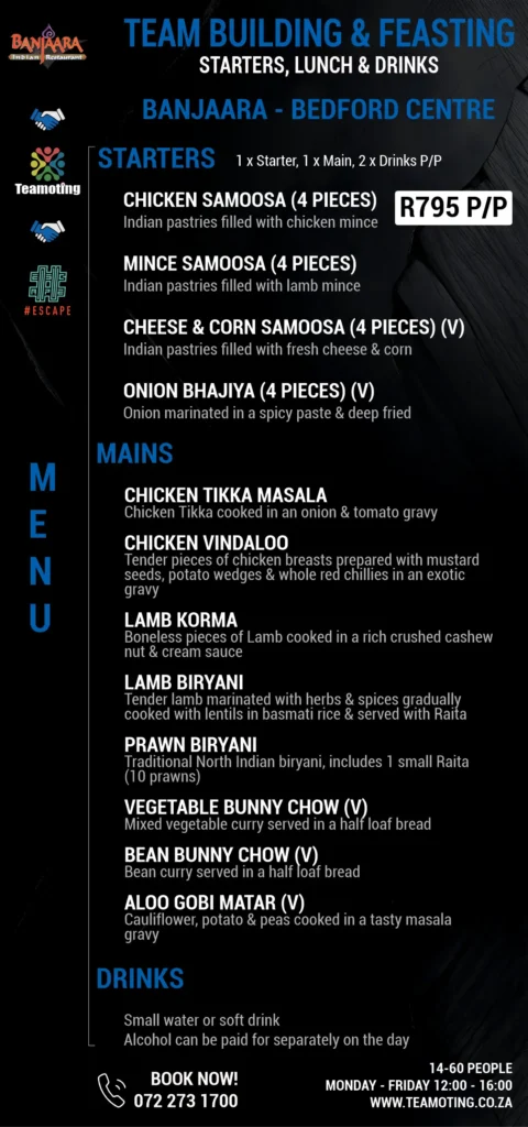 Menu for an all-inclusive team building package offered by Banjaara at Bedford Centre venue.