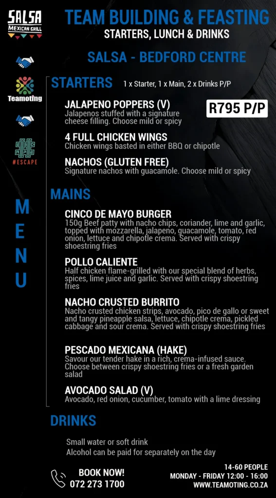 Promotional image showing a menu from Salsa Mexican Grill, featuring gourmet lunch options for team building in Bedfordview, Johannesburg.