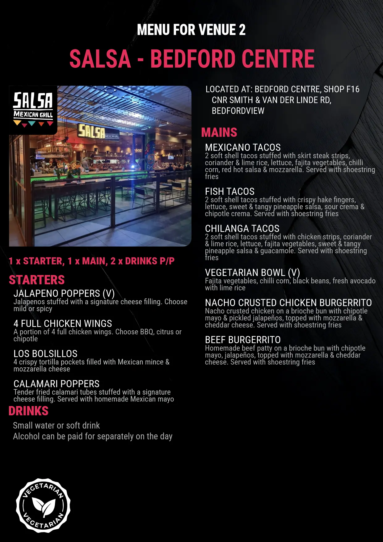 Promotional image showing a menu from Salsa Mexican Grill, featuring gourmet lunch options for team building in Bedfordview, Johannesburg.